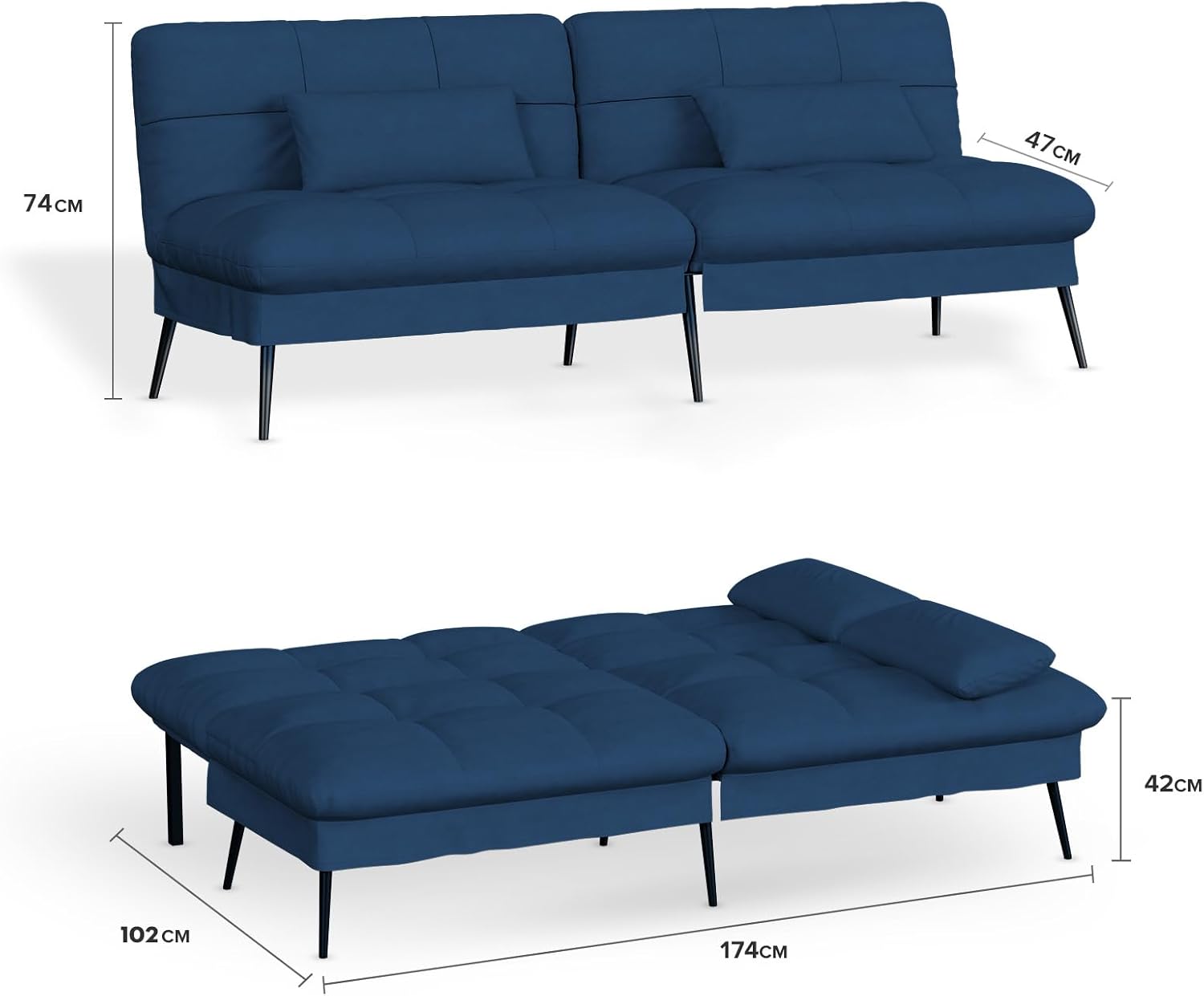 Canapé-lit convertible COMHOMA – 3 places – Tissu gris – Dossier ajustable