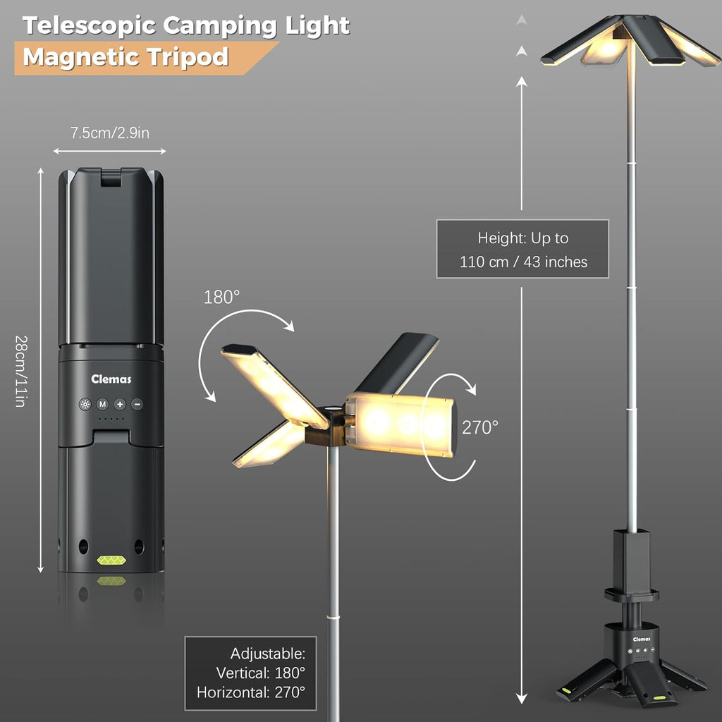 Clemas Telescopische campinglamp, oplaadbaar, 14000 mAh, led, multifunctioneel, magnetisch, camping, voor bouwplaats, draadloos, dimbaar, draagbaar, 6000 lm, IPX5