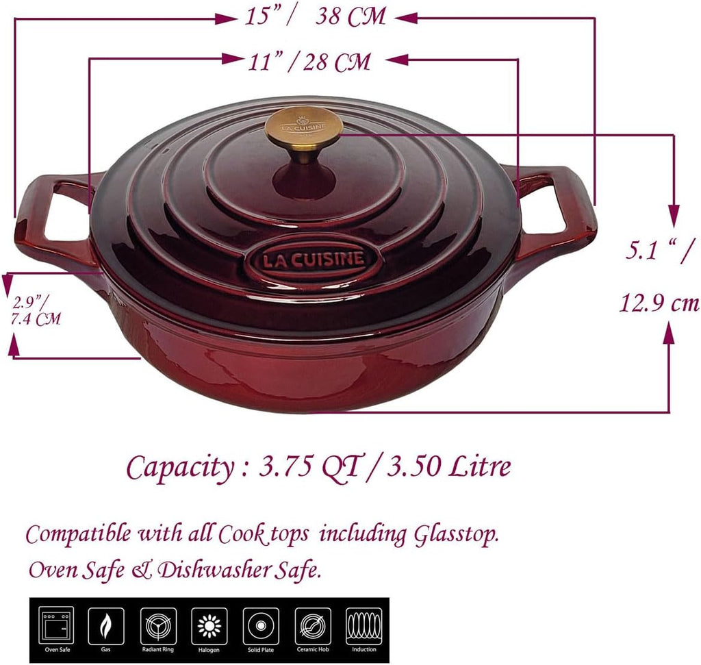 Cocotte Ovale en Fonte Émaillée La Cuisine – 5 L, Canneberge, Bouton Doré, Induction