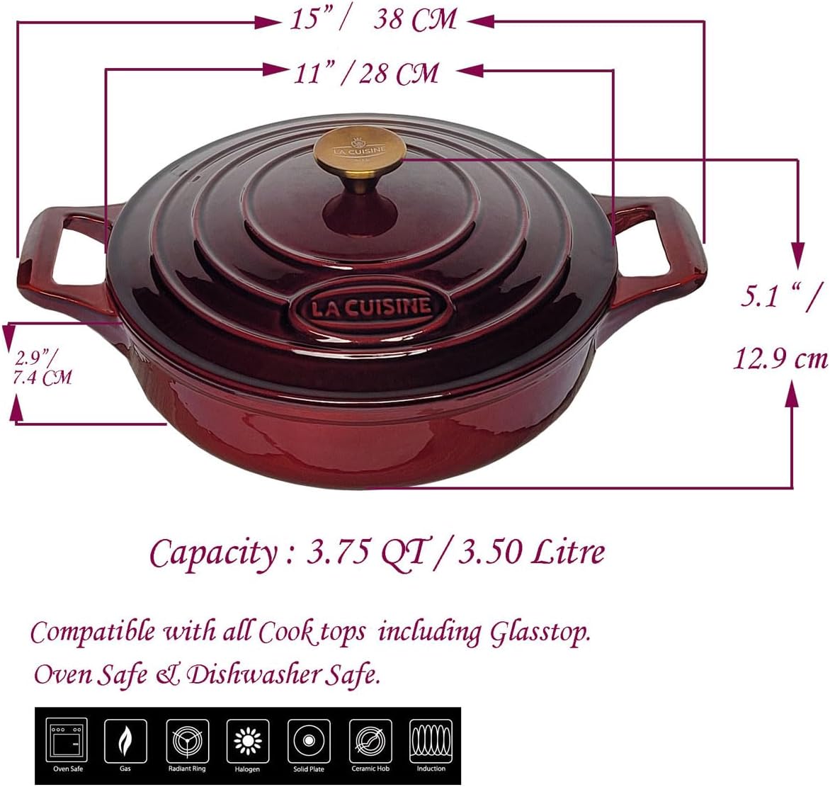Cocotte Ovale en Fonte Émaillée La Cuisine – 5 L, Canneberge, Bouton Doré, Induction