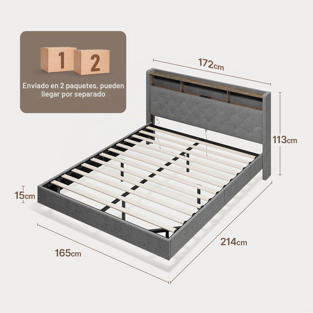 Lit Double 160 x 200 cm avec Éclairage LED & Prise Intégrée – Tête de Lit Capitonnée avec Rangement – Effet Flottant – Beige