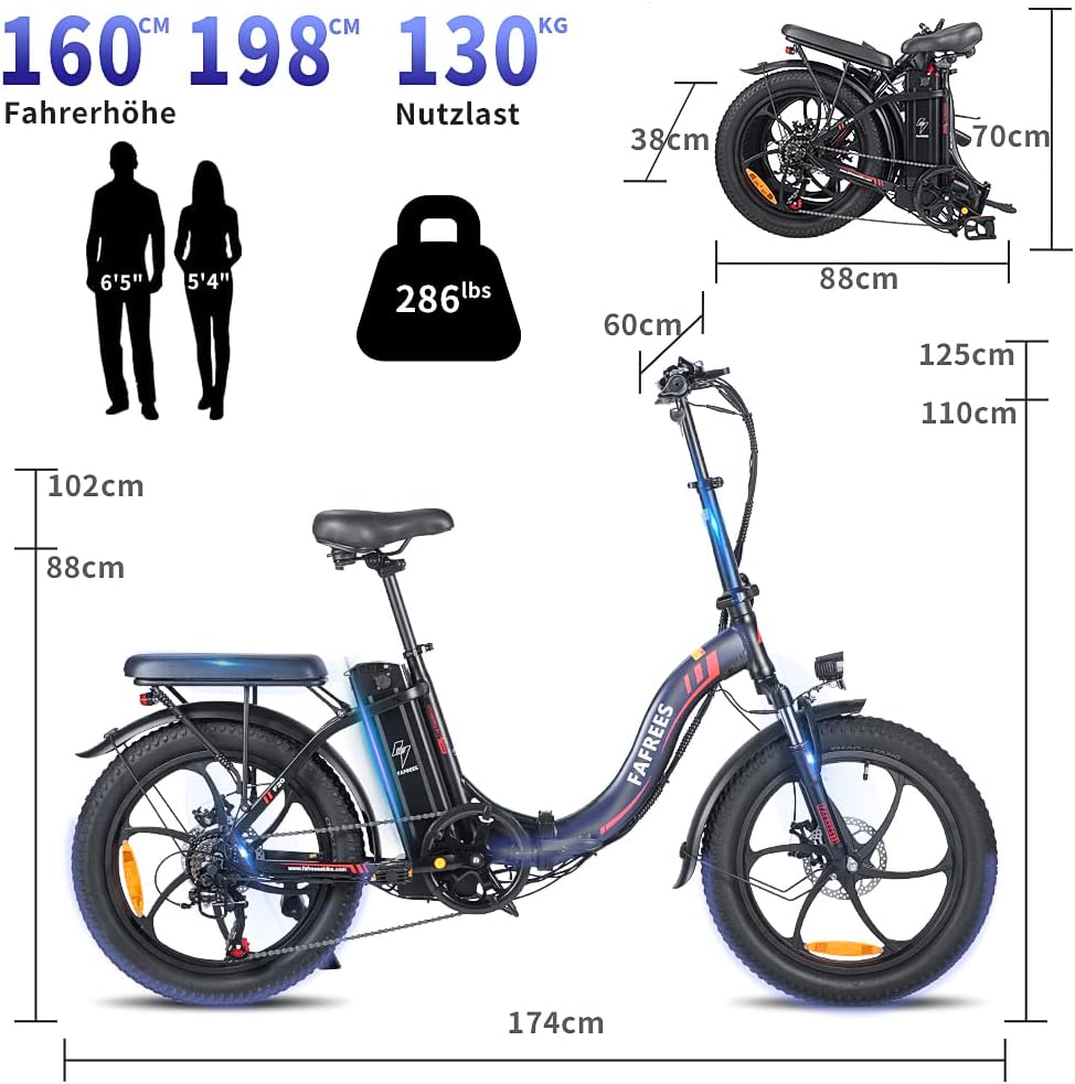 Fafrees F20 Elektrische vouwfiets 36 V 16 Ah accu 20 x 3,0 inch elektrische fiets bereik tot 60-130 km, 250 W Fatbike, Pedelec 25 km/u, opvouwbare elektrische fiets voor dames en heren
