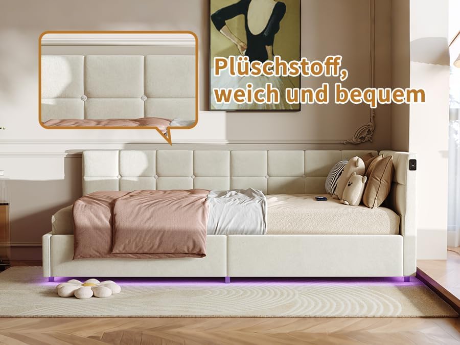 Lit Coffre 90x200 cm – Tête de Lit Rangement, Éclairage LED 16 Couleurs & Ports USB/USB-C