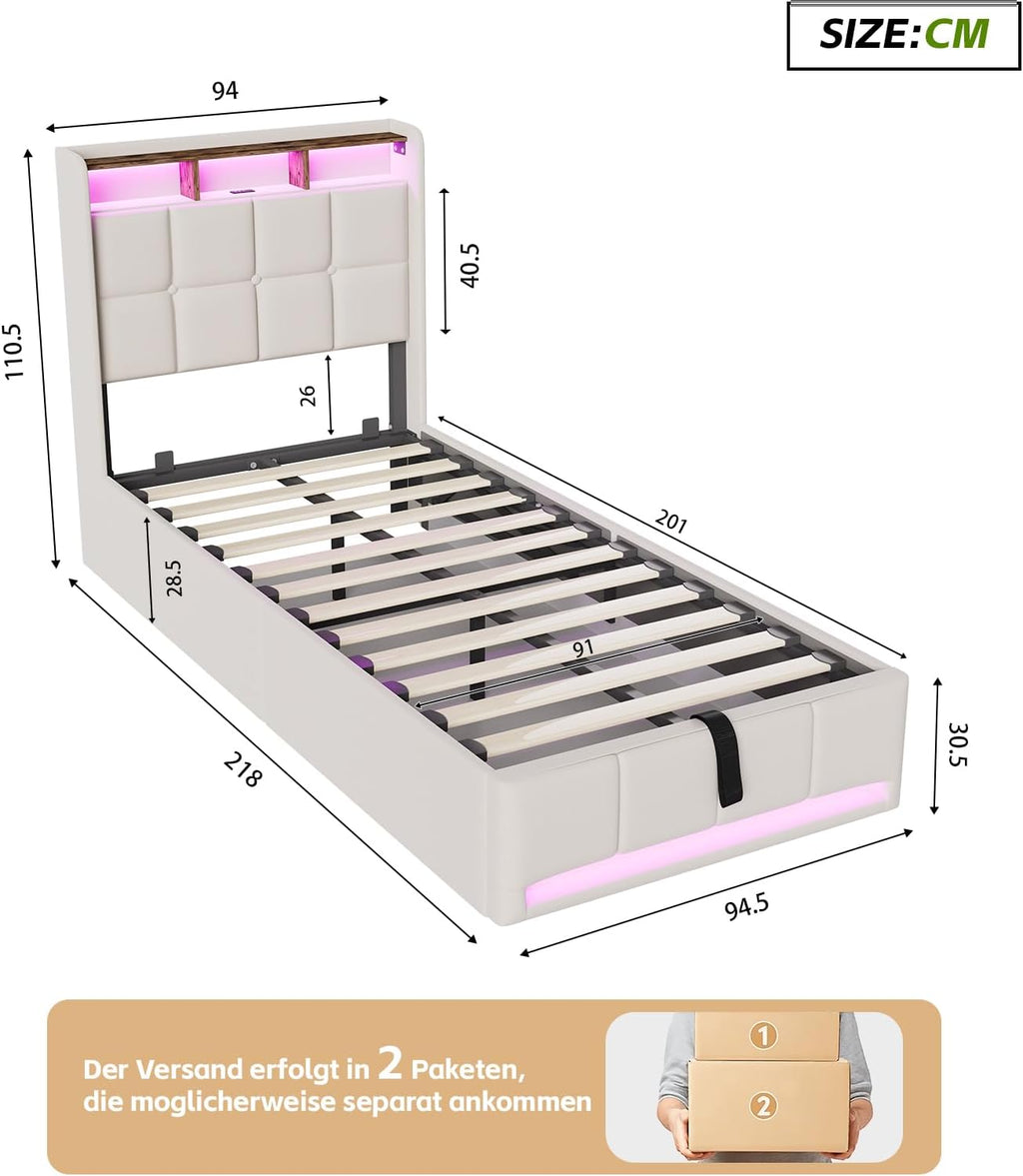 Lit Coffre BRILVERDE | LED RGB & Port USB | Sommier à Lattes | Tissu Lin | 90 à 160 x 200 cm