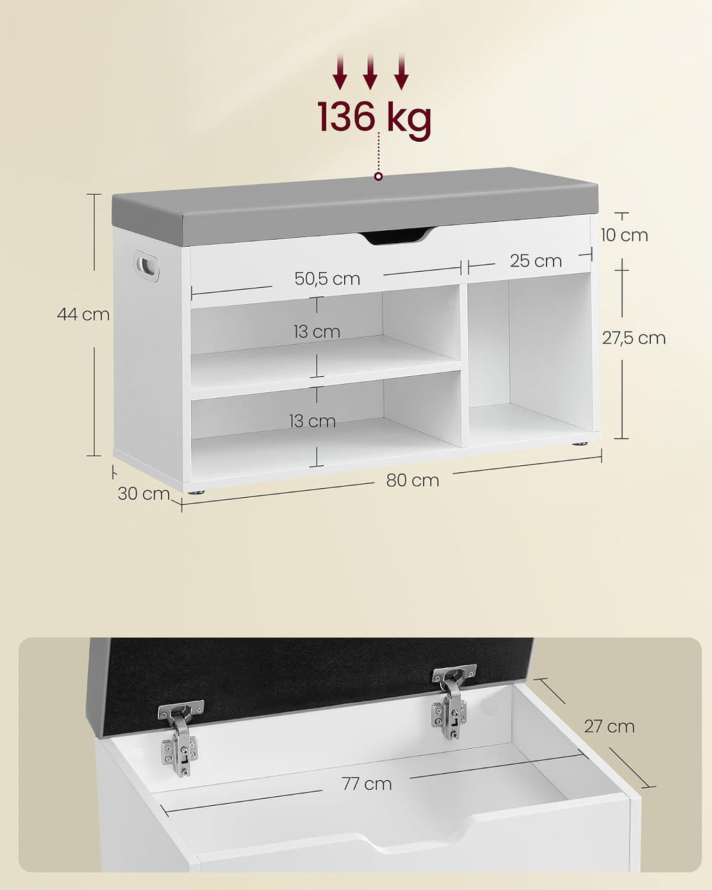 Banc à Chaussures Rembourré VASAGLE – Rangement 3 Compartiments, Style Vintage, 80 cm