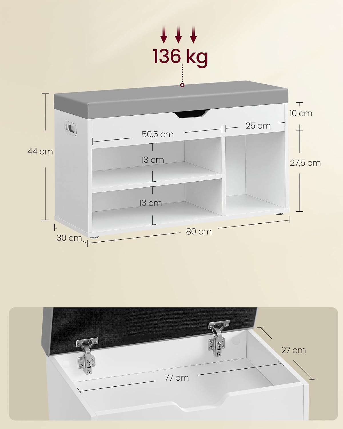 Banc à Chaussures Rembourré VASAGLE – Rangement 3 Compartiments, Style Vintage, 80 cm