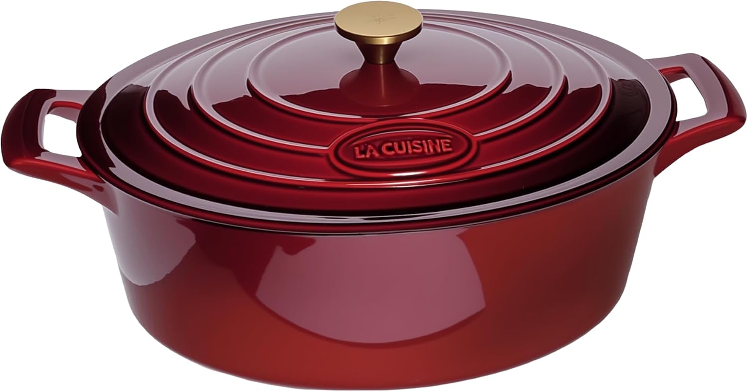 Cocotte Ovale en Fonte Émaillée La Cuisine – 5 L, Canneberge, Bouton Doré, Induction