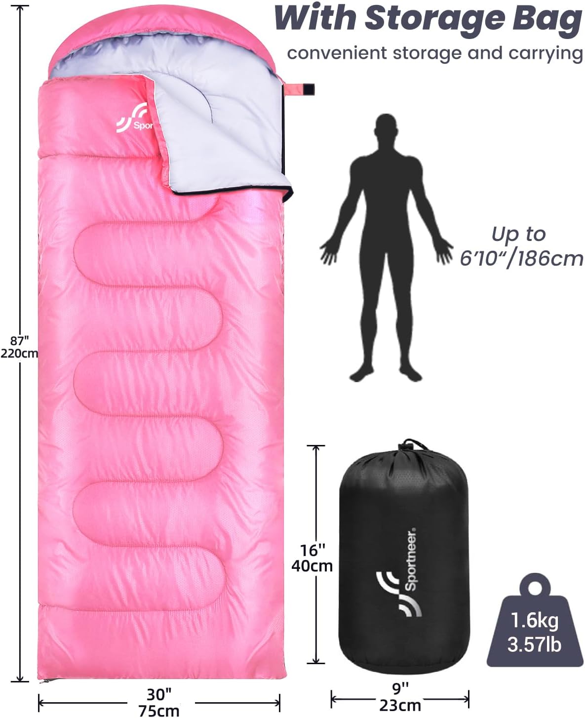 Outdoor Camping Slaapzak: Sportneer 3-4 Seizoenen Zomerslaapzak Winterslaapzak Klein opgevouwen Draagbaar Ultralicht 1,7 kg Volledige vulling Volwassen