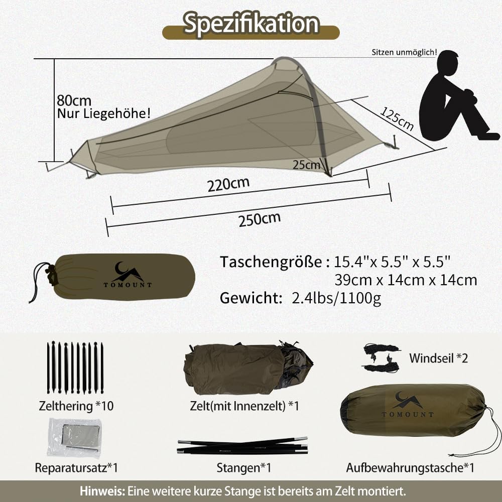 TOMOUNT BIVY Ultralichte nylon bivaktent voor 1 persoon, waterdicht, klein formaat, trekkingtent, camping, outdoor, klimmen met rugzak