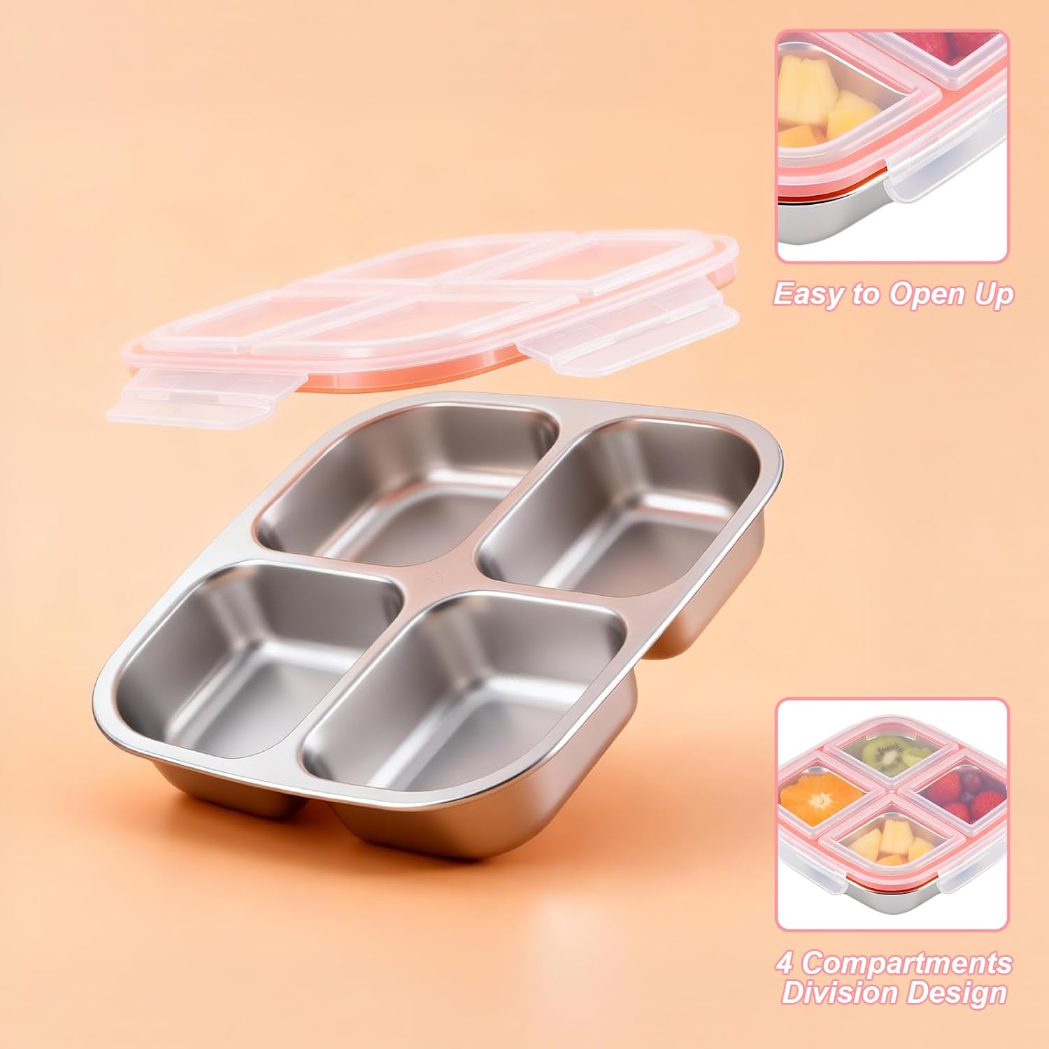 Snack Boxes with 4 Compartments, Reusable Stainless Steel Lunch Boxes for Kids and Adults, Leakproof Bento Boxes with Lids for Home Work (2 Pack)