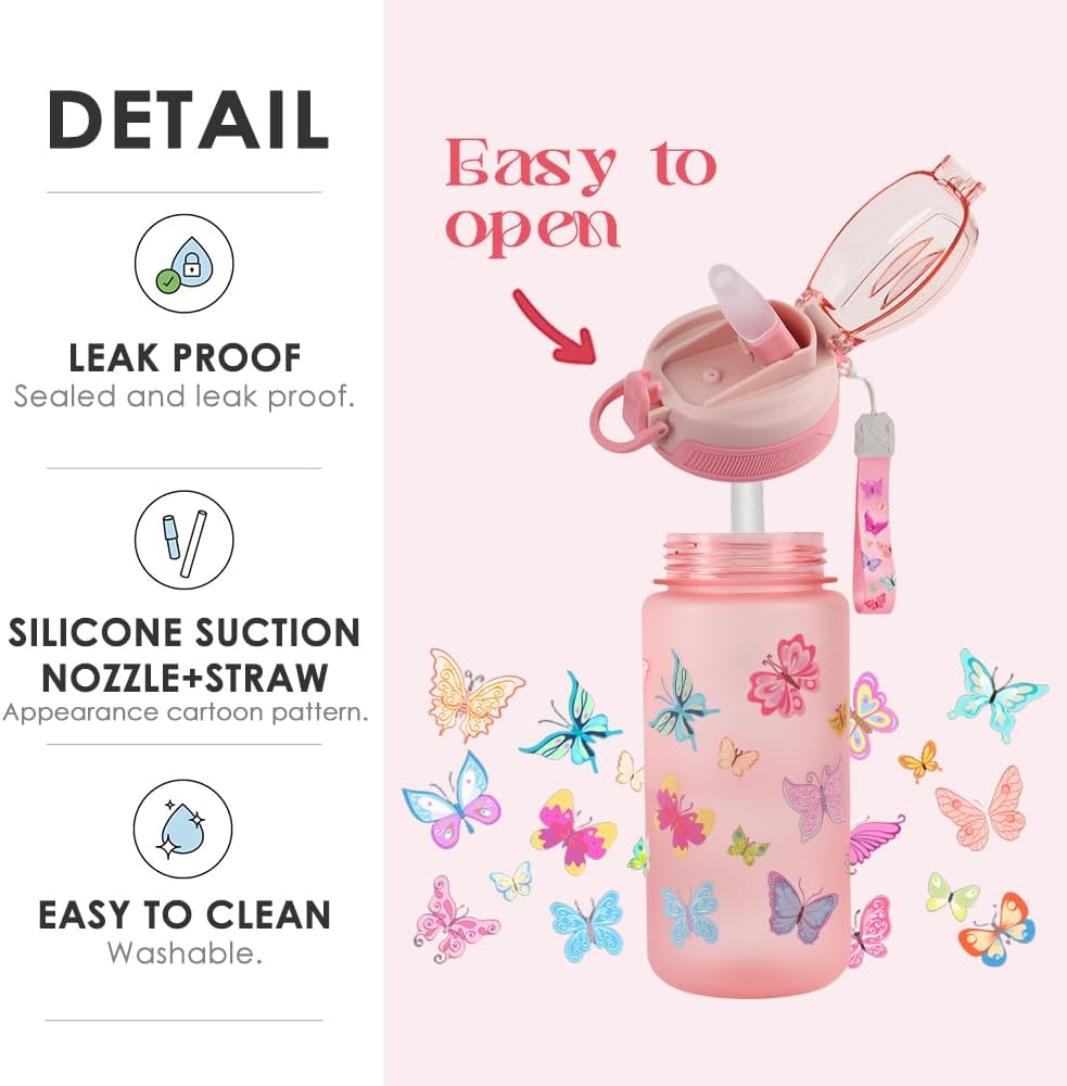 Children's Water Bottle, 600 ml, Sturdy and Shatterproof, Leak-Proof with Straw, BPA-Free, Beautiful Water Bottle for Girls and Boys Suitable for School Travel, Portable