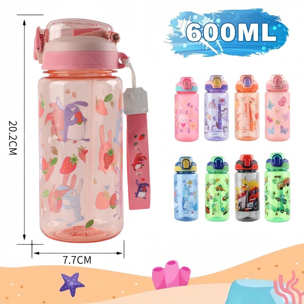 Children's Water Bottle, 600 ml, Sturdy and Shatterproof, Leak-Proof with Straw, BPA-Free, Beautiful Water Bottle for Girls and Boys Suitable for School Travel, Portable