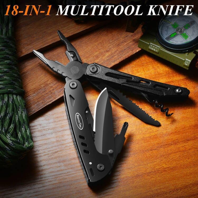 RoverTac Multitool zakmes tactisch survivalmes camping geschenken voor mannen papa echtgenoot 18 in 1 multi-tool mes tang schaar kurkentrekker 9-pack schroevendraaier