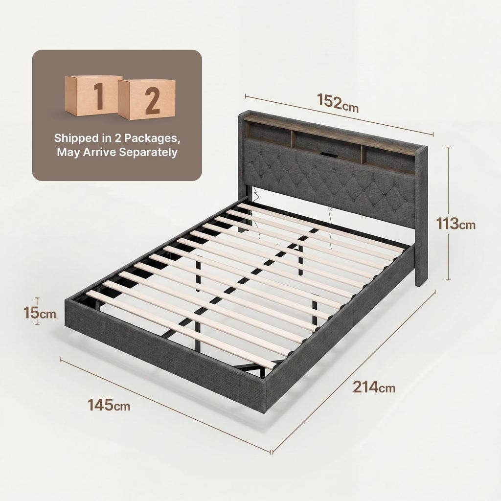 Lit Double 160 x 200 cm avec Éclairage LED & Prise Intégrée – Tête de Lit Capitonnée avec Rangement – Effet Flottant – Beige