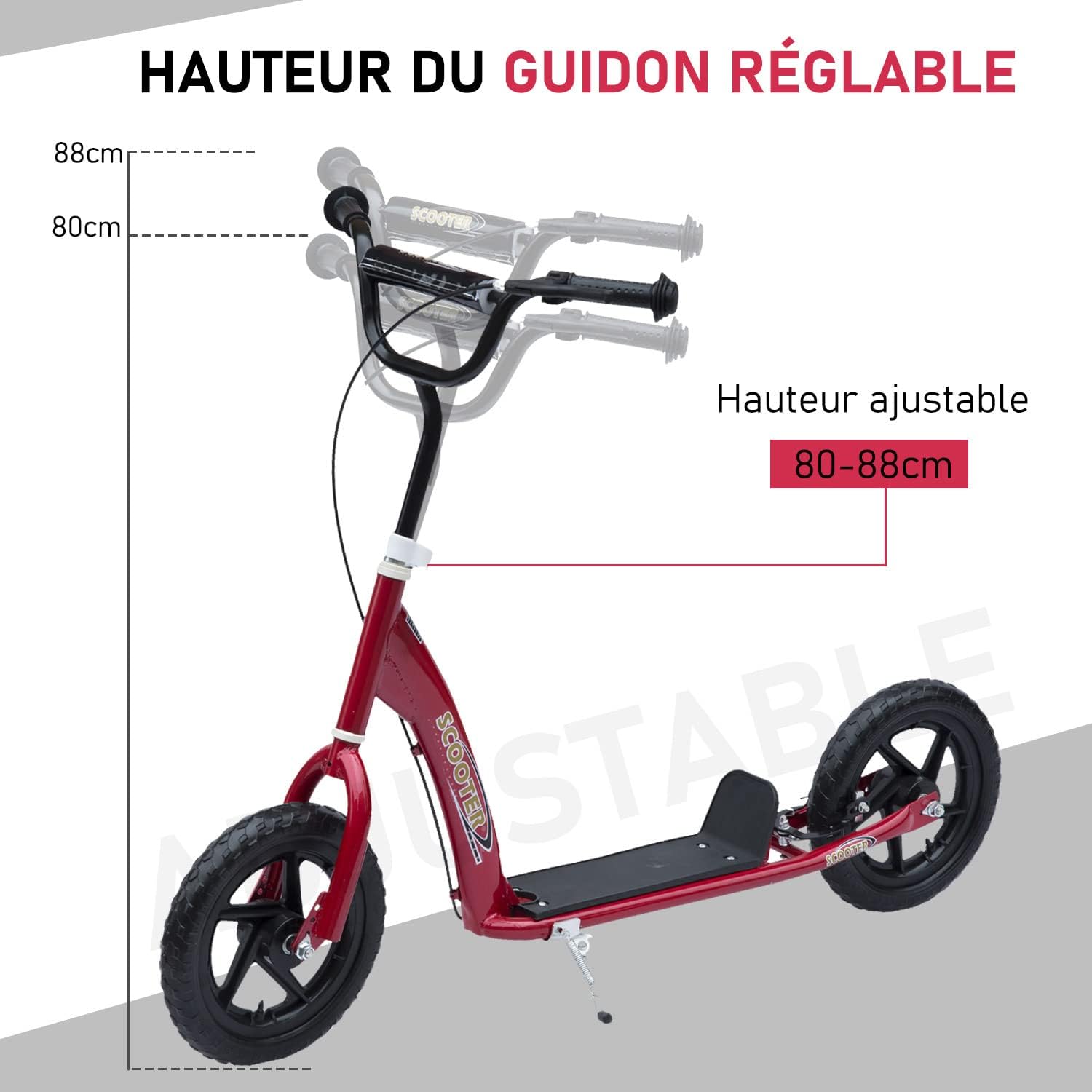 HOMCOM Scooter met banden, 30 cm, hoogte verstelbaar stuur, handgreep rem en standaard