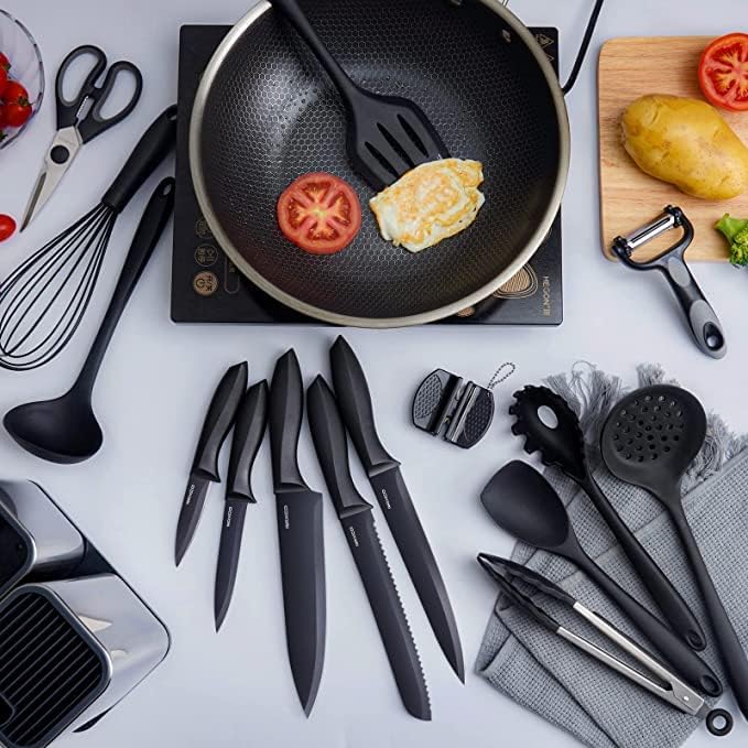 Set de Cuisine RAXCO 18 Pièces — 5 Couteaux Inox + 7 Spatules Silicone + Bloc