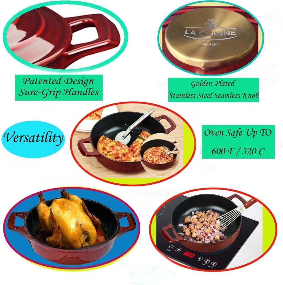 Cocotte Ovale en Fonte Émaillée La Cuisine – 5 L, Canneberge, Bouton Doré, Induction