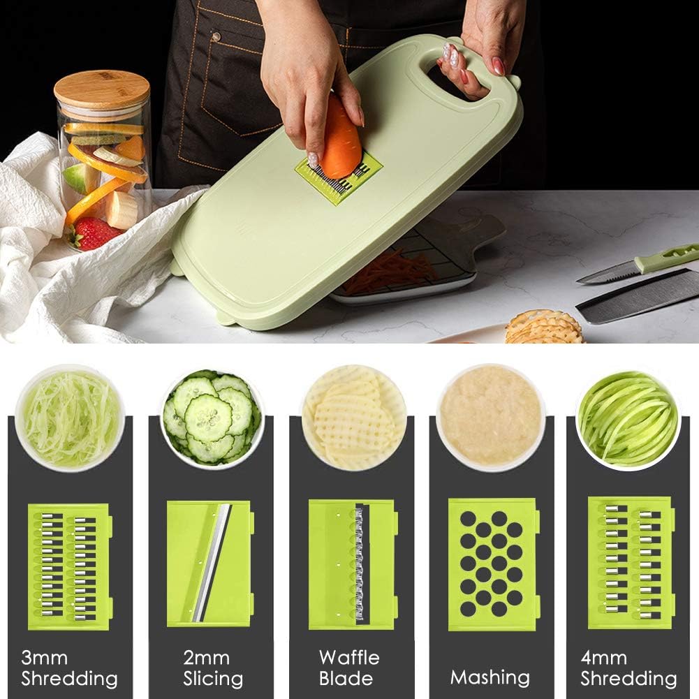 HI NINGER 9-in-1 multifunctionele snijplank, keuken met 5 groentesnijders en 2 messen, draagbare kunststof opvouwbare afvoermand voor camping, barbecue, outdoor