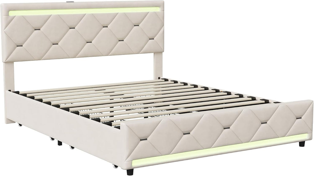 Lit Double 140x200 cm – 4 Tiroirs de Rangement, Éclairage LED +6000 Couleurs & Tête de Lit Réglable en PU