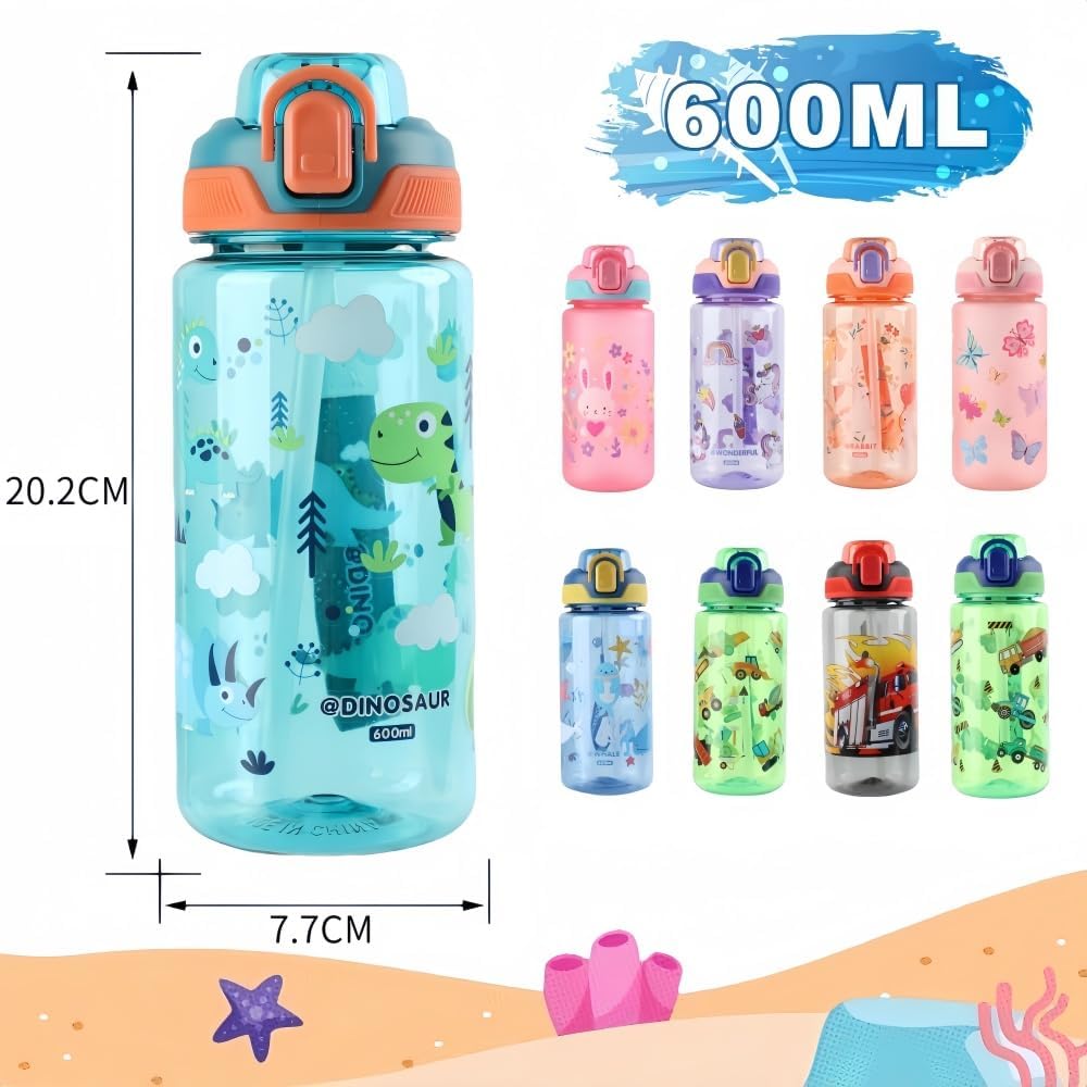 Children's Water Bottle, 600 ml, Sturdy and Shatterproof, Leak-Proof with Straw, BPA-Free, Beautiful Water Bottle for Girls and Boys Suitable for School Travel, Portable