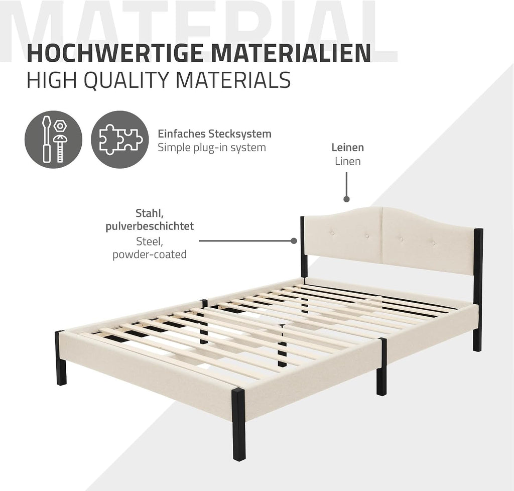 Lit Rembourré ML-Design | Cadre en Acier, Sommier à Lattes, Tête de Lit | Tissu Lin Beige ou Gris | 90/140/160/180 x 200 cm
