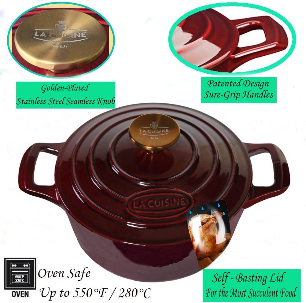 Cocotte Ovale en Fonte Émaillée La Cuisine – 5 L, Canneberge, Bouton Doré, Induction