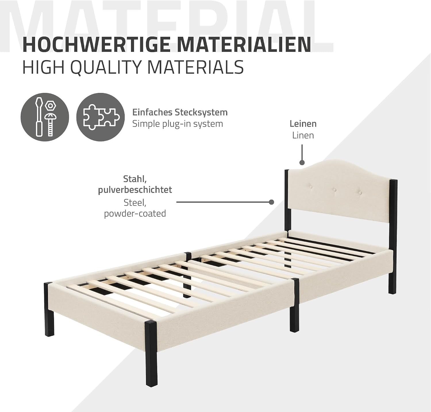 Lit Rembourré ML-Design | Cadre en Acier, Sommier à Lattes, Tête de Lit | Tissu Lin Beige ou Gris | 90/140/160/180 x 200 cm