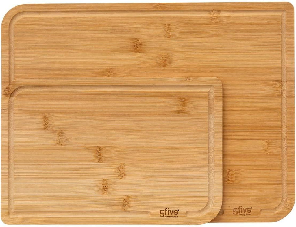 Lot de 2 Planches à Découper en Bambou 5five – 35x25 cm & 22x15 cm, Rainure Jus, Lavage Main