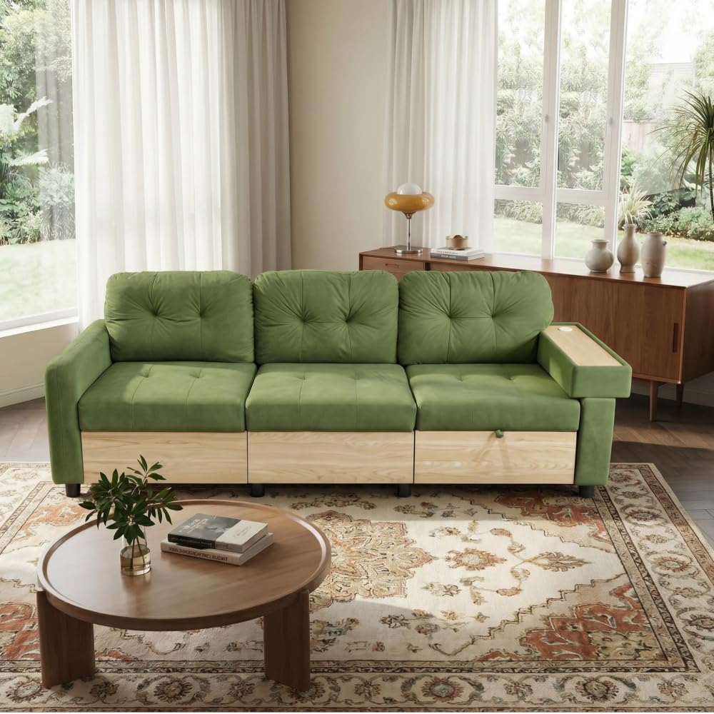 Canapé d'Angle Modulable Cayipng — Velours Vert, Port USB, Rangement