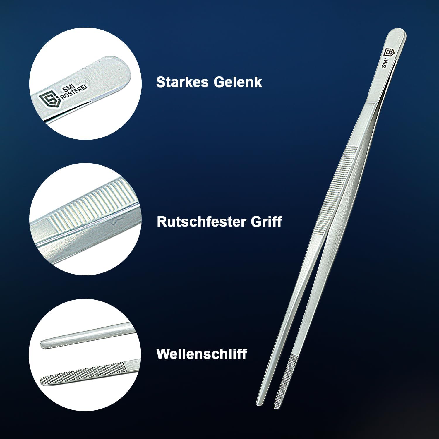 Pince de Cuisine SMI 26 cm – Acier Inoxydable, Pointe Dentelée Antidérapante, Barbecue & Grill