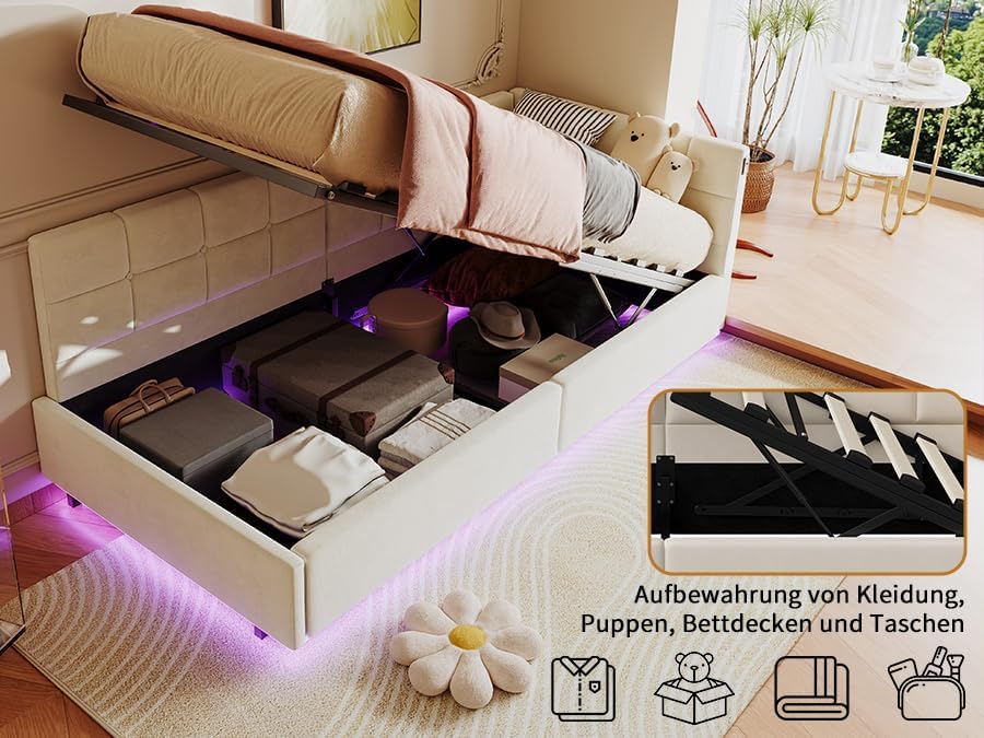 Lit Coffre 90x200 cm – Tête de Lit Rangement, Éclairage LED 16 Couleurs & Ports USB/USB-C