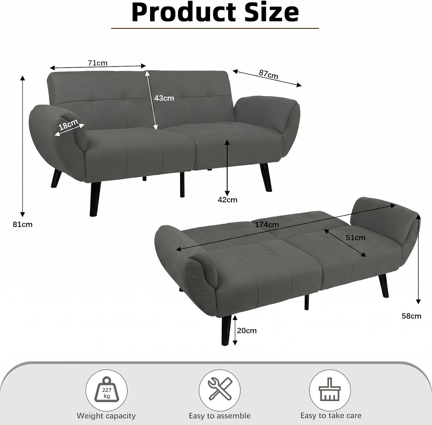 Canapé-lit convertible JIEXI – 3 places – Tissu gris – Dossier 3 positions – 170 cm