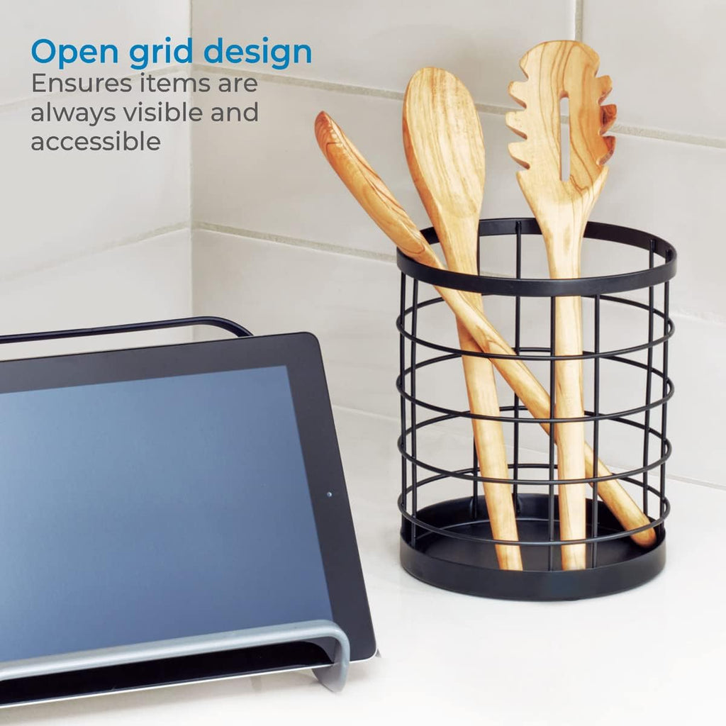 Porte-Ustensiles de Cuisine iDesign Austin – Métal Noir Mat, Design Grille Ouverte, 15 x 18 cm