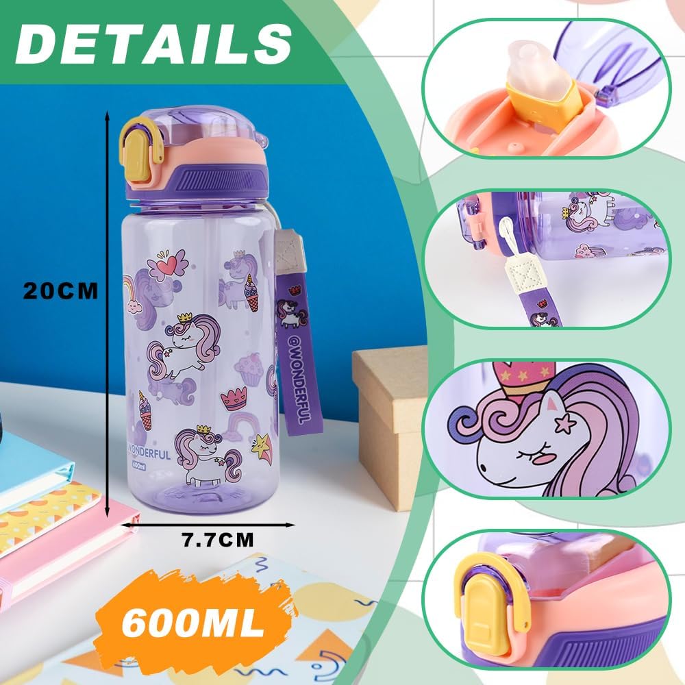 Children's Water Bottle, 600 ml, Sturdy and Shatterproof, Leak-Proof with Straw, BPA-Free, Beautiful Water Bottle for Girls and Boys Suitable for School Travel, Portable