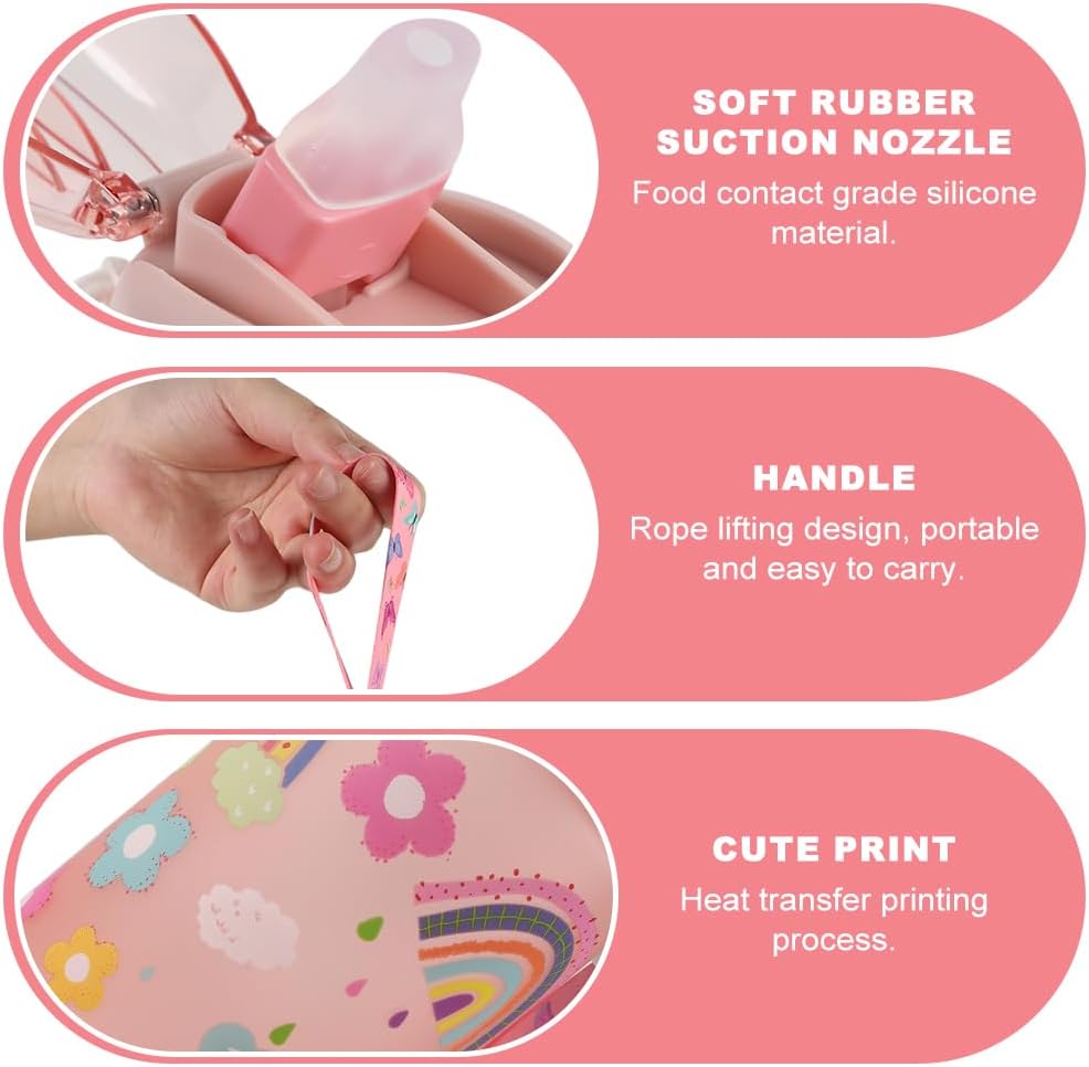 Children's Water Bottle, 600 ml, Sturdy and Shatterproof, Leak-Proof with Straw, BPA-Free, Beautiful Water Bottle for Girls and Boys Suitable for School Travel, Portable