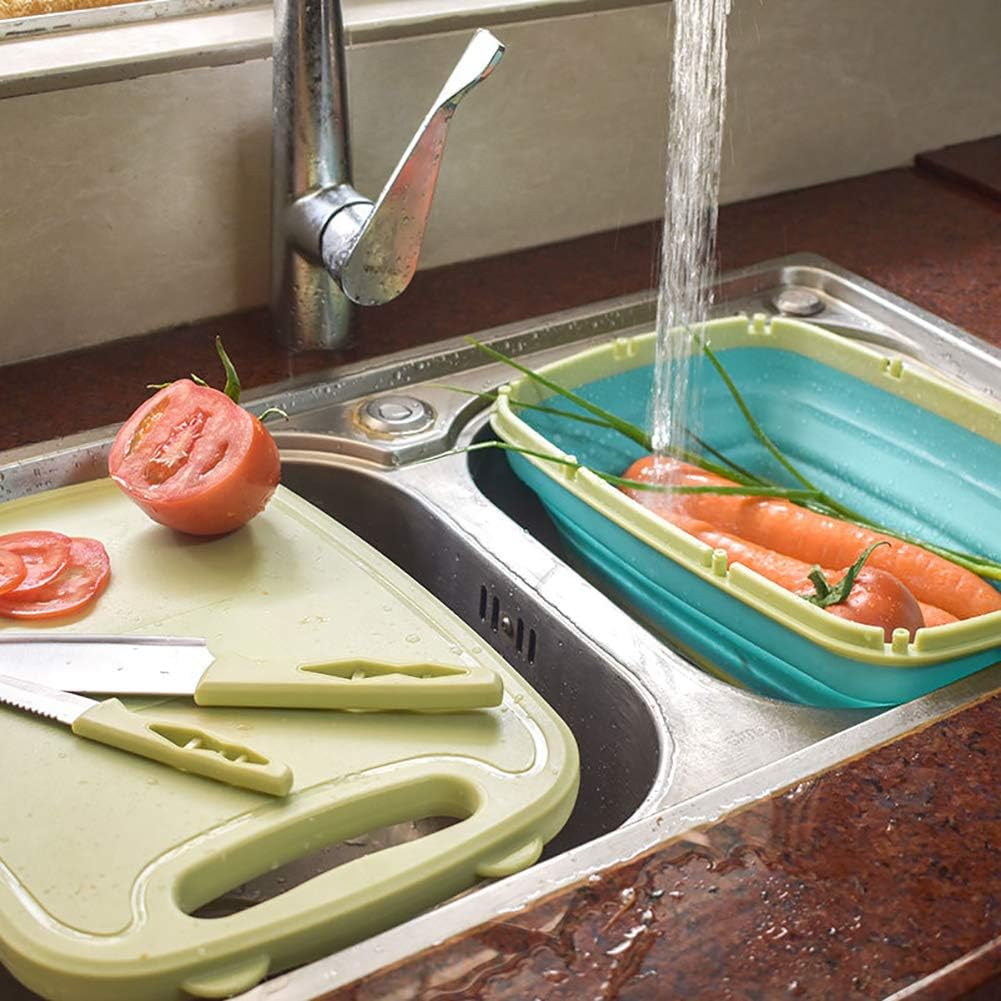 HI NINGER 9-in-1 multifunctionele snijplank, keuken met 5 groentesnijders en 2 messen, draagbare kunststof opvouwbare afvoermand voor camping, barbecue, outdoor