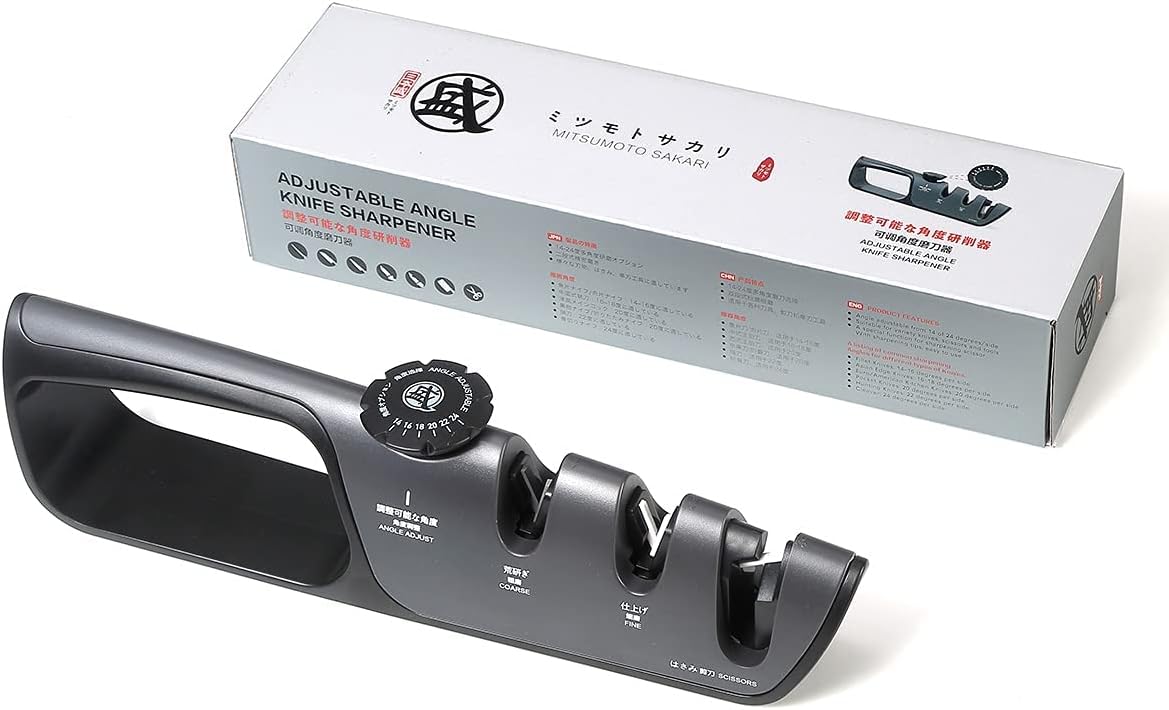 Aiguiseur Couteaux Japonais MITSUMOTO SAKARI – Angle Réglable 14°-24°, 3 Niveaux, Multifonction