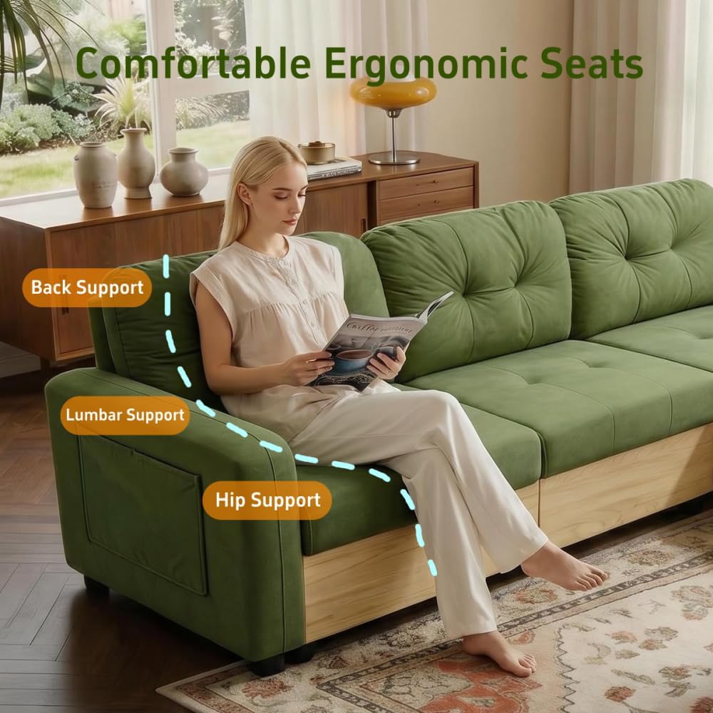 Canapé d'Angle Modulable Cayipng — Velours Vert, Port USB, Rangement
