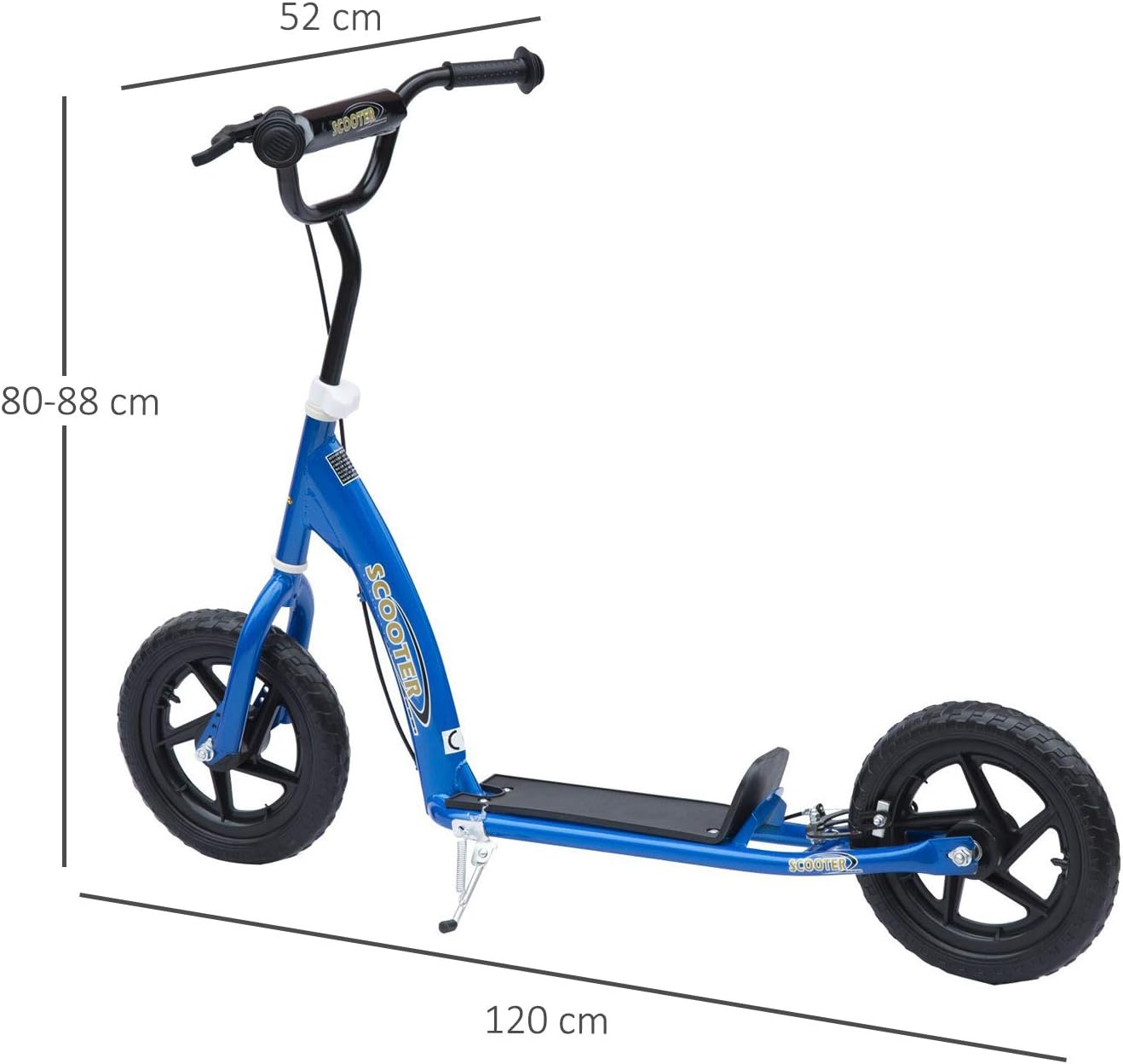 HOMCOM Scooter met banden, 30 cm, hoogte verstelbaar stuur, handgreep rem en standaard