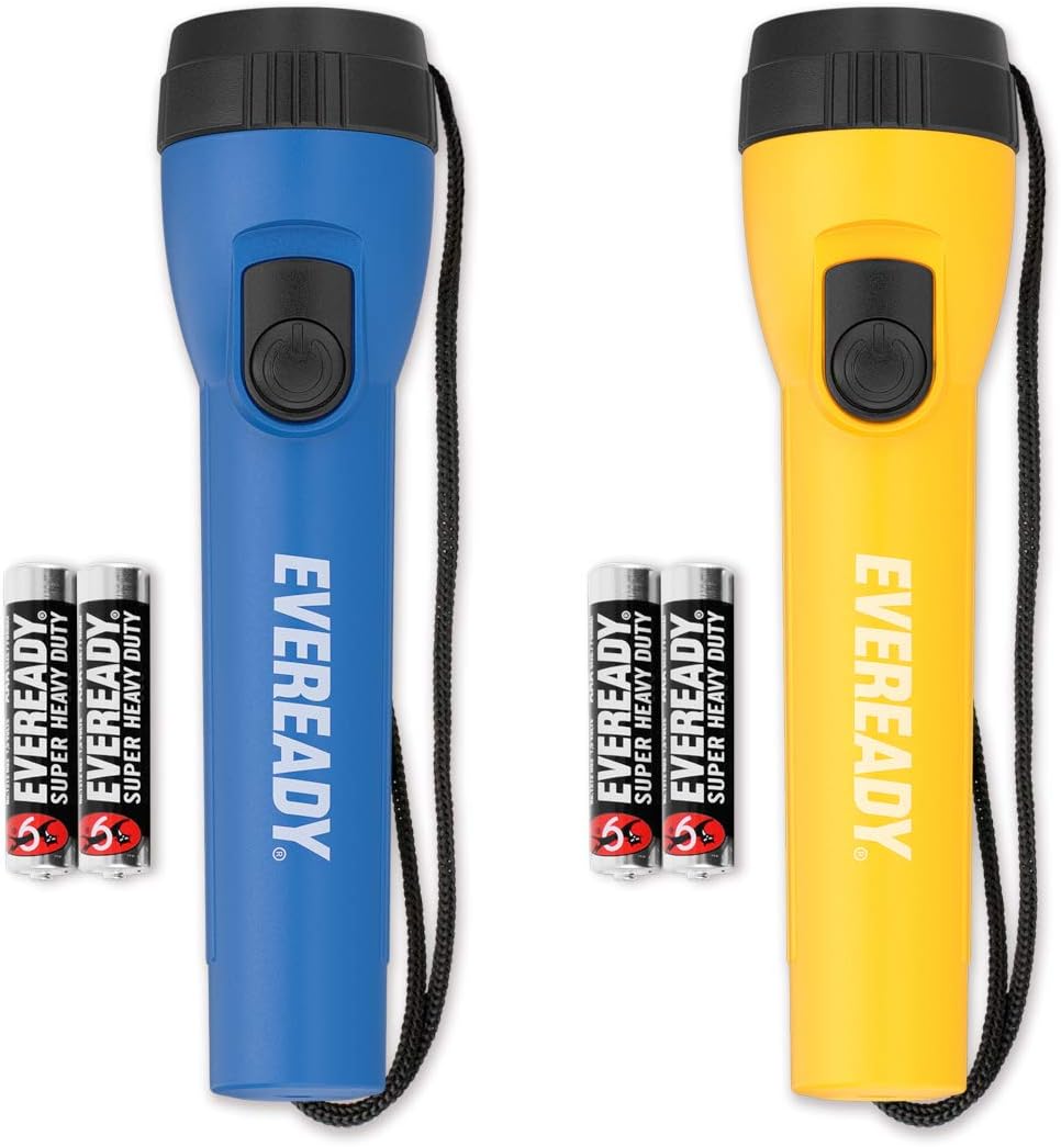 Energizer Eveready Led-zaklamp, 2 stuks, blauw en geel, krachtige zaklamp, lange batterijduur, batterijen inbegrepen, ideaal voor kamperen, wandelen, trailrunning, noodgevallen