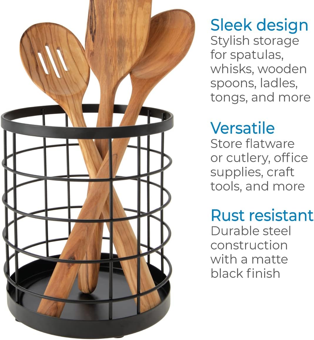 Porte-Ustensiles de Cuisine iDesign Austin – Métal Noir Mat, Design Grille Ouverte, 15 x 18 cm