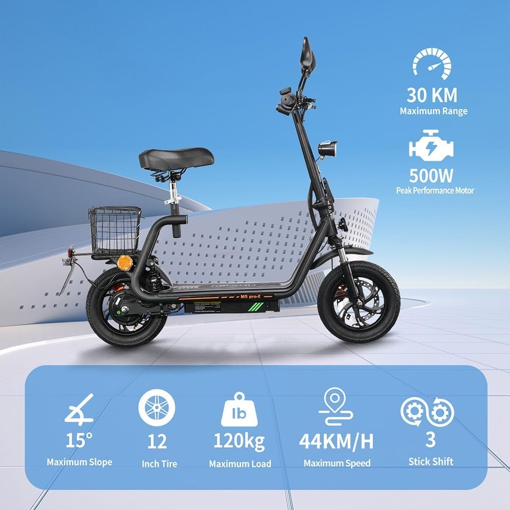M5PRO-E Elektrische step, opvouwbaar, 48 V, 13 Ah, 30 km bereik | Snelheidsbegrenzing, display, 12 inch banden, zitting, kofferbak, spiegels, dubbele vering en schijfrem