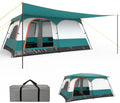 GYMAX Grote campingtent met luifel, 2 aparte slaapkamers, dakraam, afneembaar regenzeil, deuren en ramen, oprolbaar, voor buiten, concerten, picknick