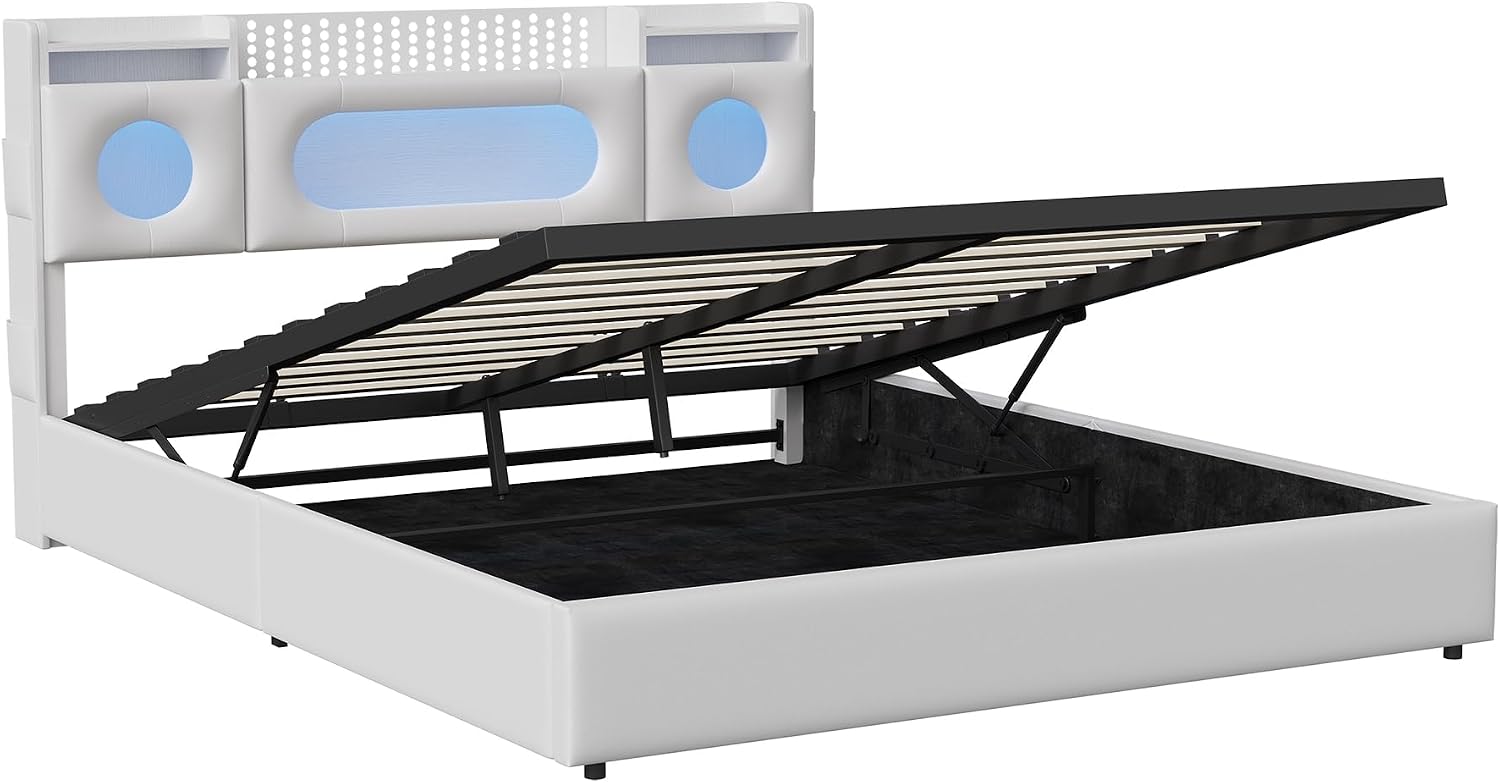 Lit Coffre LED RGB & Port USB | Rangement Hydraulique | Tête de Lit Rembourrée avec Étagères | 90 à 160 x 200 cm