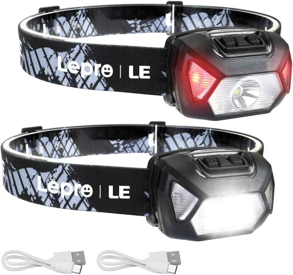 Lepro 2 stuks oplaadbare hoofdlampen, 2000 l, waterdicht, met rode waarschuwingslichten, 6 verlichtingsmodi, lange levensduur, lichte koplamp voor kinderen en volwassenen voor hardlopen,