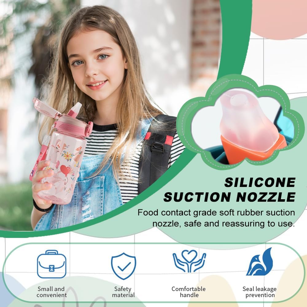Children's Water Bottle, 600 ml, Sturdy and Shatterproof, Leak-Proof with Straw, BPA-Free, Beautiful Water Bottle for Girls and Boys Suitable for School Travel, Portable