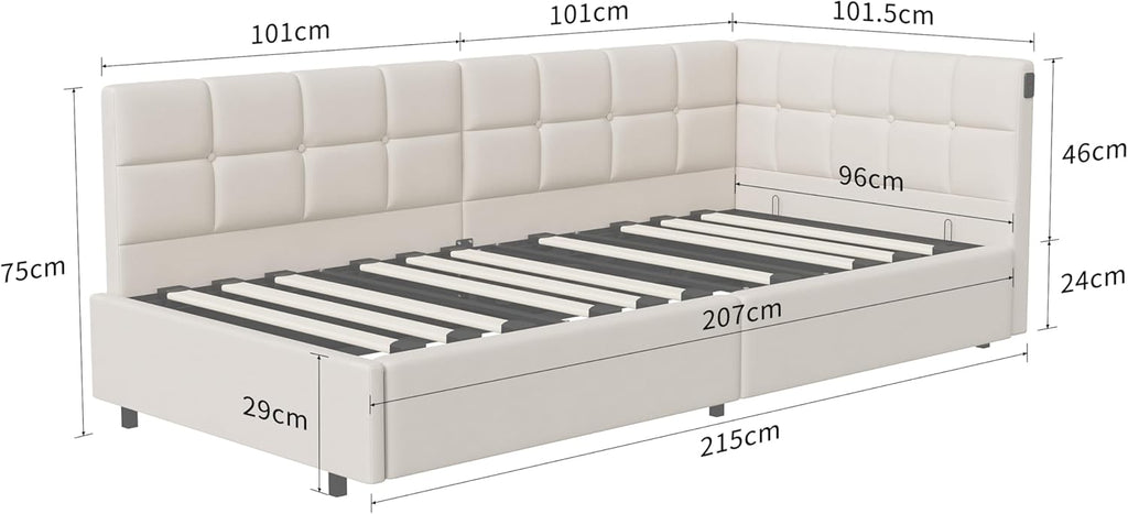 Lit Coffre 90x200 cm – Tête de Lit Rangement, Éclairage LED 16 Couleurs & Ports USB/USB-C