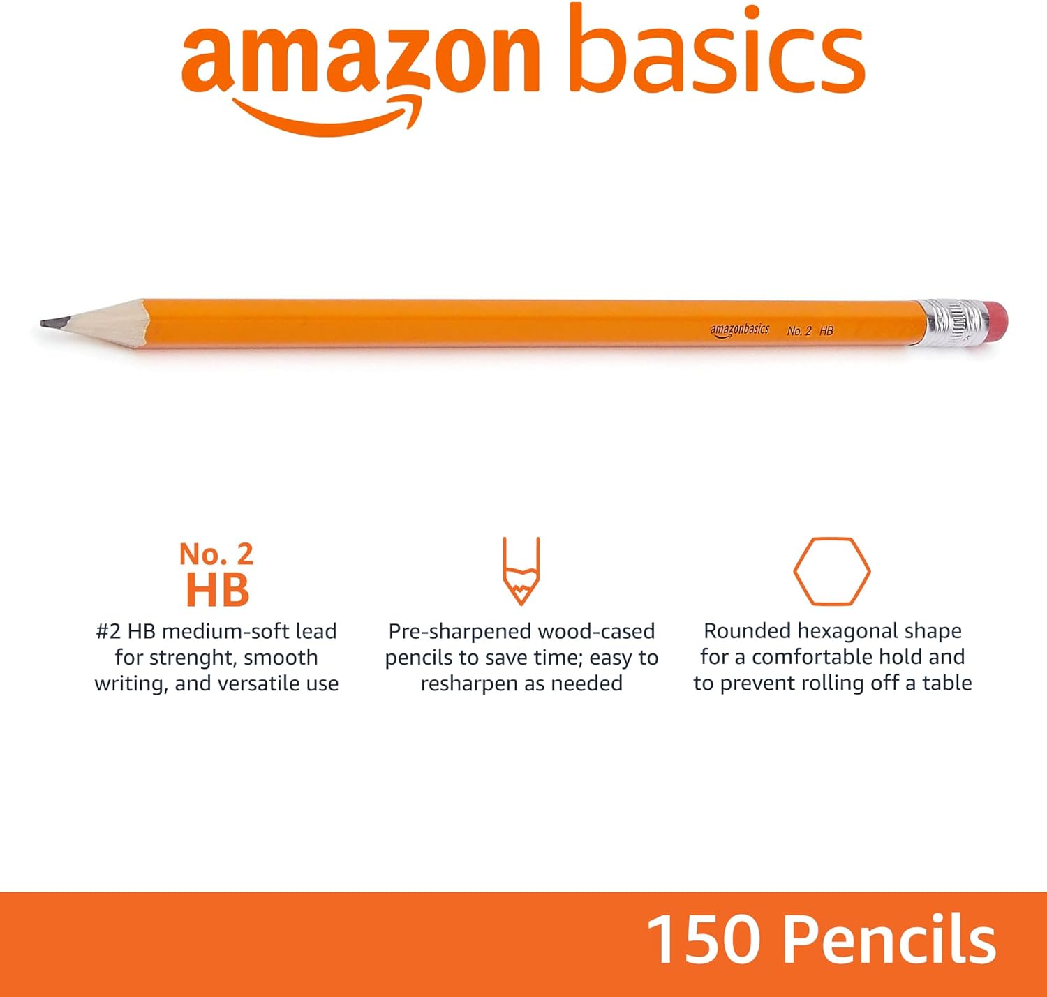 Amazon Basics PHB-30 voorgeslepen HB houten potloden, oranje