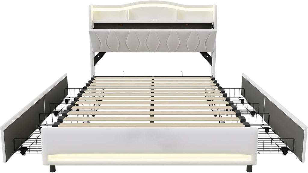 Lit Double 140x200 cm – 4 Tiroirs de Rangement, Éclairage LED +6000 Couleurs & Tête de Lit Réglable en PU