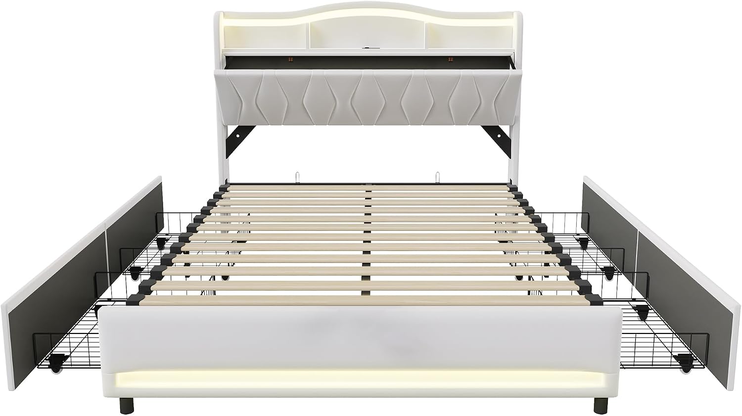Lit Double 140x200 cm – 4 Tiroirs de Rangement, Éclairage LED +6000 Couleurs & Tête de Lit Réglable en PU